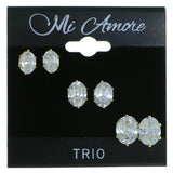 Set Of Three Oval Shaped Muliple Size Per Card Stud-Earrings With Crystal Accents Gold-Tone Color #2926