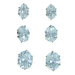 Set Of Three Oval Shaped Stud-Earrings  With Crystal Accents Silver-Tone Color #2927