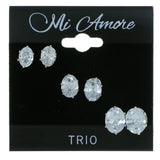 Set Of Three Oval Shaped Stud-Earrings  With Crystal Accents Silver-Tone Color #2927