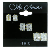 Set Of Three Rectangular Muliple Size Per Card Stud-Earrings With Crystal Accents Gold-Tone Color #2928