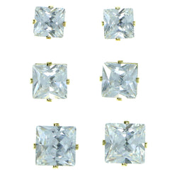 Set Of Three Square Shaped Muliple Size Per Card Stud-Earrings With Crystal Accents Gold-Tone Color #2931