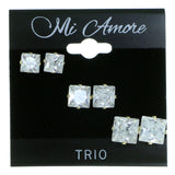 Set Of Three Square Shaped Muliple Size Per Card Stud-Earrings With Crystal Accents Gold-Tone Color #2931