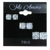 Set Of Three Square Shaped Stud-Earrings  With Crystal Accents Silver-Tone Color #2932