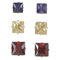 Set Of Three Square Shaped Muliple Size Per Card Stud-Earrings With Crystal Accents Silver-Tone & Multi Colored #2933