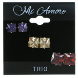 Set Of Three Square Shaped Muliple Size Per Card Stud-Earrings With Crystal Accents Silver-Tone & Multi Colored #2933