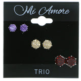 Set Of Three Round Muliple Size Per Card Stud-Earrings With Crystal Accents Silver-Tone & Multi Colored #2936