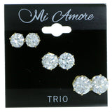 Set Of Three Round Muliple Size Per Card Stud-Earrings With Crystal Accents Gold-Tone Color #2937
