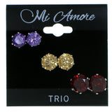 Set Of Three Round Muliple Size Per Card Stud-Earrings With Crystal Accents Silver-Tone & Multi Colored #2938