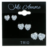 Set Of Three Heart Shaped Stud-Earrings  With Crystal Accents Silver-Tone Color #2925