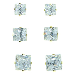 Set Of Three Square Shaped Muliple Size Per Card Stud-Earrings With Crystal Accents Gold-Tone Color #2930