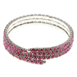 Pink & Silver-Tone Colored Metal Rhinestone-Coil-Bracelet With Crystal Accents #4334