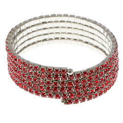 Red & Silver-Tone Colored Metal Rhinestone-Coil-Bracelet With Crystal Accents #4352