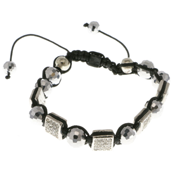 Silver-Tone & Black Colored Metal Shamballa-Bracelet With Crystal Accents #3814