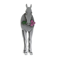 Horse Eating Flower Brooch-Pin Silver-Tone Pink & Green Colored #LQP1313