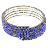 Blue & Silver-Tone Colored Metal Rhinestone-Coil-Bracelet With Crystal Accents #4351