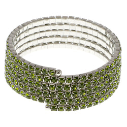 Green & Silver-Tone Colored Metal Rhinestone-Coil-Bracelet With Crystal Accents #4351