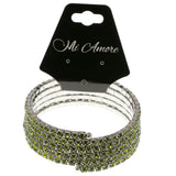 Green & Silver-Tone Colored Metal Rhinestone-Coil-Bracelet With Crystal Accents #4351