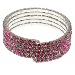 Pink & Silver-Tone Colored Metal Rhinestone-Coil-Bracelet With Crystal Accents #4351