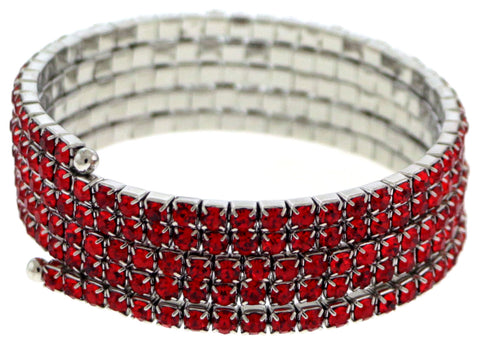 Five strand silver-tone coil bracelet with red rhinestone accents 60B5149C-RED