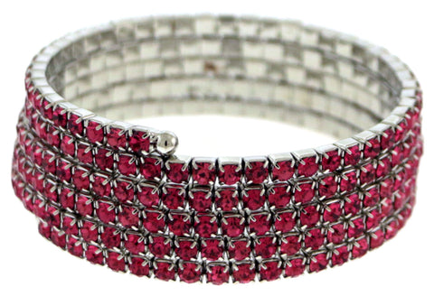 Five strand silver-tone coil bracelet with pink rhinestone accents 60C6037C-PINK