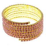 Pink & Gold-Tone Colored Metal Rhinestone-Coil-Bracelet With Crystal Accents #4353
