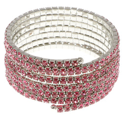 Pink & Silver-Tone Colored Metal Rhinestone-Coil-Bracelet With Crystal Accents #4354