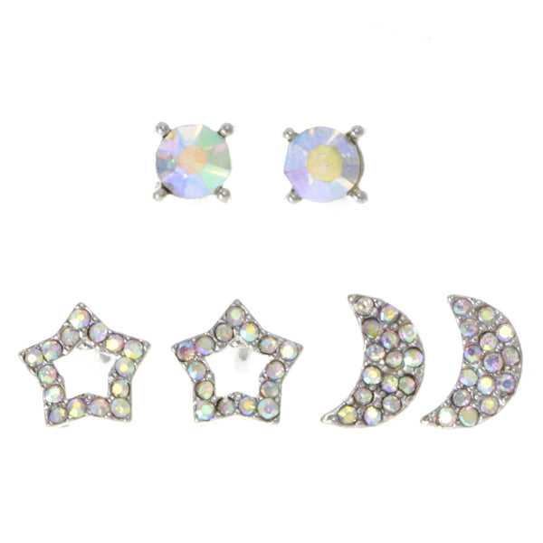 Stars moons Stud-Earrings  With Crystal Accents Silver-Tone Color #3482
