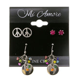 Peace Sign Mutliple-Earrings-Set With Crystal Accents White & Silver-Tone Colored #3477