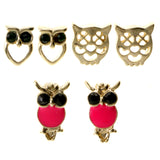 Owls Cats Faces Stud-Earrings With Crystal Accents Gold-Tone & Multi Colored #3485