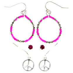 Peace Sign Mutliple-Earrings-Set With Crystal Accents Pink & Silver-Tone Colored #3483