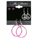 Peace Sign Mutliple-Earrings-Set With Crystal Accents Pink & Silver-Tone Colored #3483