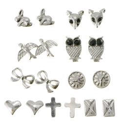 Bird Bunny Owl Fox Cross Heart Bow Clock Envelope Stud-Earrings With Crystal Accents Silver Color #3481