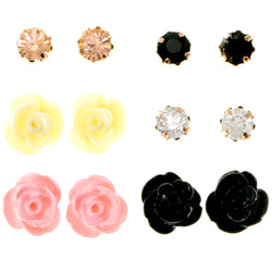 Flowers Stud-Earrings With Crystal Accents White & Gold-Tone Colored #3484