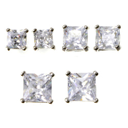 Tri-Tone Metal Stud-Earrings With Crystal Accents #3480