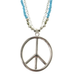 Peace Adjustable Length Pendant-Necklace With Bead Accents Blue & Silver-Tone Colored #3307