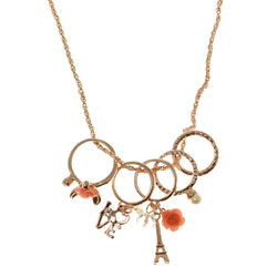 Roses Eiffel Tower Love Heart Pendant-Necklace With Crystal Accents Gold-Tone & Peach Colored #3295
