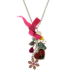 Heart Snowflake Bow Charm-Necklace With Bead Accents Colorful & Silver-Tone Colored #3285