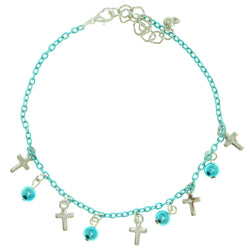 Cross Charm-Anklet With Charm Accents Blue & Silver-Tone Colored #4072