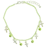 Cross Charm-Anklet With Charm Accents Green & Silver-Tone Colored #4072