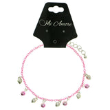Heart Charm-Anklet With Bead Accents Silver-Tone & Pink Colored #4081
