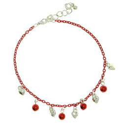 Heart Charm-Anklet With Bead Accents Silver-Tone & Red Colored #4081