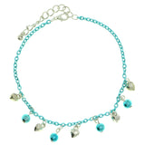 Heart Charm-Anklet With Bead Accents Silver-Tone & Blue Colored #4081
