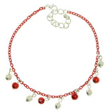 Disco Ball Charm-Anklet With Bead Accents Silver-Tone & Red Colored #4103