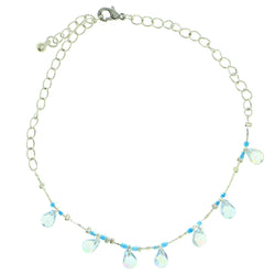 Silver-Tone & Blue Colored Metal Charm-Anklet With Bead Accents #4079