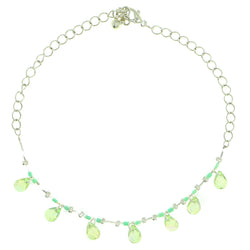 Silver-Tone & Green Colored Metal Charm-Anklet With Bead Accents #4079