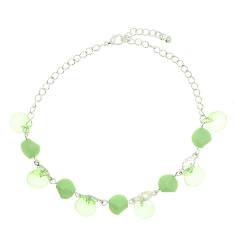Silver-Tone & Green Colored Metal Charm-Anklet With Bead Accents #4086