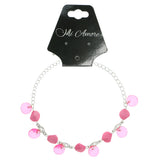 Silver-Tone & Pink Colored Metal Charm-Anklet With Bead Accents #4086
