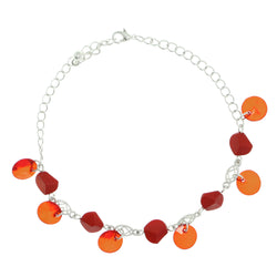 Silver-Tone & Red Colored Metal Charm-Anklet With Bead Accents #4086