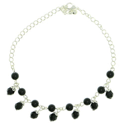 Silver-Tone & Black Colored Metal Charm-Anklet With Bead Accents #4073