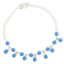 Silver-Tone & Blue Colored Metal Charm-Anklet With Bead Accents #4073